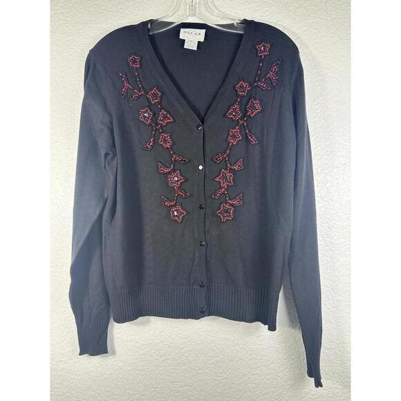 Oscar de la Renta Sweaters - Oscar de la Renta Black Beaded Floral Cardigan Sweater Women’s Medium